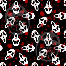 Load image into Gallery viewer, A spooky-themed pattern of ghostface with heart eyes and red blood splatter on a black background.