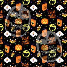 Load image into Gallery viewer, A Halloween-themed color pattern with nostalgic vibes featuring a strobie ghosties from the 90s, pumpkins, ghosts, moon and cat, candy corn, a trick or treating bag, and 'Trick or Treat' text on a black background.