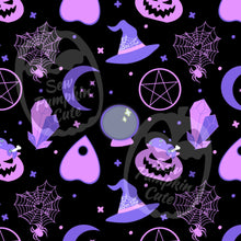 Load image into Gallery viewer, A Halloween-themed pattern of witchy items with a pink and purple color scheme on a black background.