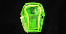 Load image into Gallery viewer, A translucent green coffin-shaped concert bag with zipper pocket, water net, slip pocket inside, and featuring two adjustable straps for different carrying options.
