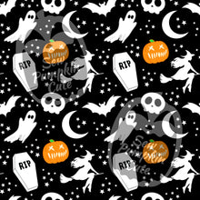 Load image into Gallery viewer, Black and white Halloween-themed pattern with ghosts, skulls, bats, and coffins. With a bright orange jack-o’-lantern.
