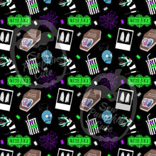 Load image into Gallery viewer, A Halloween-themed pattern featuring icons from the beetle juice movie. Bob, handbook for the recently deceased, ghost Polaroid, and sand worm.
