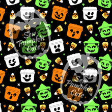 Load image into Gallery viewer, A Halloween-themed pattern of skelly candy corn, and spooky buckets, with varying facial expressions in white, green and orange color scheme on a black background.
