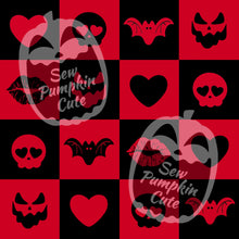 Load image into Gallery viewer, Checkered Anti-Valloween pattern in red and black with valloween icons, bat, lips, skull, heart, pumpkin face, in each square with inverted colors
