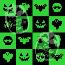 Load image into Gallery viewer, Checkered Halloween pattern in green and black with halloween icons, bats, ghosts, skulls, coffins, and spiders in each square with inverted colors
