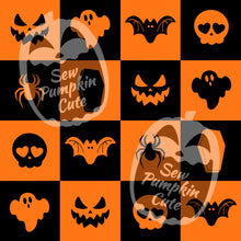 Load image into Gallery viewer, Checkered Halloween pattern in orange and black with halloween icons, bat, ghost, skull, coffin, pumpkin face, in each square with inverted colors
