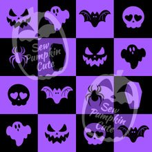 Load image into Gallery viewer, Checkered Halloween pattern in purple and black with halloween icons, bats, ghosts, skulls, coffins, and spiders in each square with inverted colors

