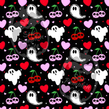 Load image into Gallery viewer, Pattern of ghosts, cherries, and hearts on a black background for a Valloween design.
