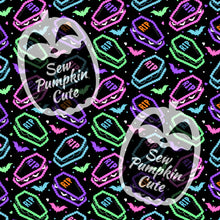Load image into Gallery viewer, A neon-themed pattern of coffin-shaped cakes with ‘RIP’ frosting, and bats in a pink, mint, purple, baby blue, and orange color scheme on a black background
