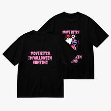 Load image into Gallery viewer, 2 black t-shirts with pink text and graphic designs
