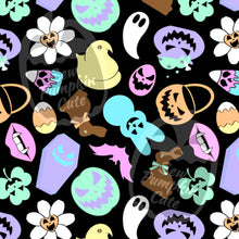 Load image into Gallery viewer, A pastel, Easter Halloween-themed pattern of ghosts, cauldrons, chocolate bunnies, coffins, clovers, peeps, eggs, bats, daisies, skelly corn, and Easter baskets in a pink, lavender, mint, white, peach, yellow, and baby blue color scheme on a black background.
