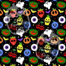 Load image into Gallery viewer, Halloween-themed pattern featuring coffin pineapples, skull berries, ghosts, eyeballs, and bats.

