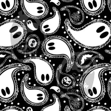 Load image into Gallery viewer, A Halloween-themed paisley pattern of ghosts on a black background
