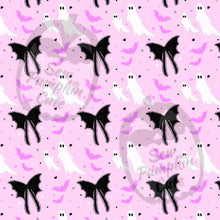 Load image into Gallery viewer, A Valloween-themed pattern with ghosts, bats, and spiderweb bows on a pink background.
