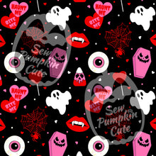 Load image into Gallery viewer, A Valloween-themed pattern of ghosts, haunt me and bite me hearts, coffins, lollipops, eyeballs, spiderwebs, and vampire lips in a pink, red, and white color scheme on a black background.
