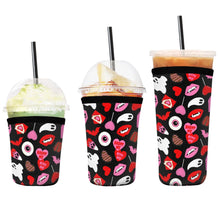 Load image into Gallery viewer, A set of three cup sleeves, in various sizes with the valloween pattern.
