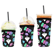 Load image into Gallery viewer, A set of three cup sleeves, in various sizes with the pastel boo pattern.
