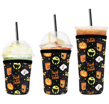 Load image into Gallery viewer, A set of three cup sleeves, in various sizes with the vintage halloween pattern.
