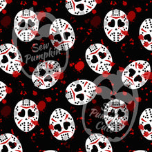 Load image into Gallery viewer, A spooky-themed pattern of Jason Voorhees hockey mask with heart eyes and red blood splatter on a black background.

