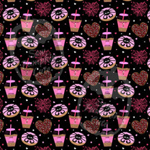 Load image into Gallery viewer, A Valloween-themed pattern featuring donuts, coffin drinks, and heart shaped spider webs on a black background.
