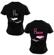 Load image into Gallery viewer, A set of 2 tees with 'His and Hearse.' His tee features a black and grey hearse car with the word 'His' above the hearse. Herse tee features a pink and black hearse with the word 'Hearse' above the hearse.
