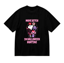 Load image into Gallery viewer, A coffin shaped graphic featuring valloween items such as webs, bats, a ghost, a cauldron, cupid corn, vampire lips, skull, tombstone, and an eyeball. The saying, 'Move Bitch, I'm Valloween hunting.' Is also included in the design.
