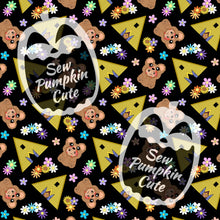 Load image into Gallery viewer, A spooky, spring-themed pattern of flowers, bears, and a yellow temple on a black background
