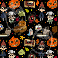 Load image into Gallery viewer, A Halloween-themed pattern with cartoon characters, pumpkins, lanterns, potatoes and molasses, and autumn elements on a black background.
