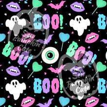 Load image into Gallery viewer, A pastel, Valloween-themed pattern of ghosts, bats, vampire lips, lollipops, eyeballs, and the word “BOO!” In a pink, white, baby blue, mint, and lavender color scheme on a black background.
