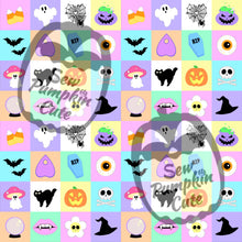 Load image into Gallery viewer, A pastel, checkered Halloween pattern featuring Halloween icons such as ghosts, cauldrons, coffins, bats, and eyeballs.
