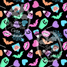 Load image into Gallery viewer, A pastel, Valloween-themed pattern of skelly Cupid corn, bats, vampire lips, lollipops, love letters, coffins, spiderwebs, and hearts, in a pink, baby blue, mint, peach, and lavender color scheme on a black background.
