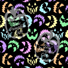 Load image into Gallery viewer, A pastel Halloween-themed pattern of various pumpkin faces on a black background.
