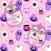 Load image into Gallery viewer, A Valloween-themed pattern of ghosts, spiders, coffins, cauldrons, skelly Cupid corn, and eyeballs in pink, purple, and white color scheme on a pink background
