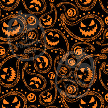 Load image into Gallery viewer, A Halloween-themed paisley pattern pf pumpkin faces in an orange color scheme on a black background
