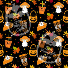 Load image into Gallery viewer, A Halloween-themed pattern of boo-shroom ghosts, pumpkin pails, leaves, coffin cups, and pumpkin pies, in orange, green, yellow, brown and white color scheme on a black background
