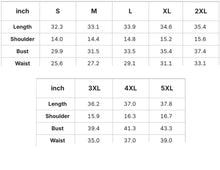 Load image into Gallery viewer, Measurement chart for clothing sizes S to 5XL with inch measurements.

