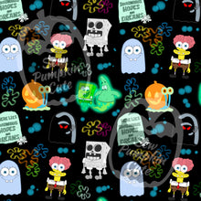 Load image into Gallery viewer, SpongeBob Halloween, themed pattern featuring skeleton bob, ghost bob and Patrick, pumpkin Gary, the Hash Slinging Slasher, and ‘Here Lies Squidwards Hopes and Dreams’ tombstone.
