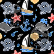 Load image into Gallery viewer, A nautical underwater-themed cartoonish pattern with octopuses, whales, star fish, anchors, and boats on a black background.
