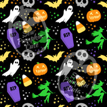 Load image into Gallery viewer, Halloween-themed pattern with Halloween themed colors of ghosts, skulls, bats, and coffins.
