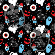 Load image into Gallery viewer, Halloween, 4th of July themed pattern with ghosts, pumpkins, eyeballs, bomb pops, and skeleton flamingo floatie on a black background.
