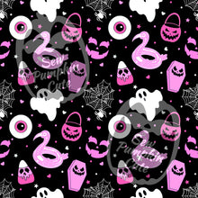 Load image into Gallery viewer, Halloween, pink themed pattern with ghosts, pumpkins, eyeballs, bomb pops, and skeleton flamingo floatie on a black background.
