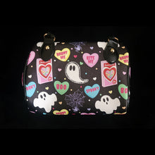Load image into Gallery viewer, Mini satchel handbag with Sweetheart Ghouls pattern that features a colorful pastel Halloween and Valentines-themed pattern on a black background with sweethearts candy box, spiderwebs, spooky text heart candies, and ghosts.
