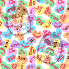 Load image into Gallery viewer, A colorful Halloween Valentines-themed candy hearts with spooky texts on a white background for a Valloween design.
