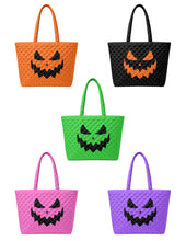 Load image into Gallery viewer, Five mock up tote bag designs featuring a jack-o-lantern in the colors black, orange, green, pink, and purple
