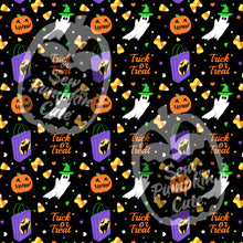 Load image into Gallery viewer, A Halloween-themed pattern of ghosts, pumpkins, candy corn, trick or treat bag, and trick or treat text on a black background 
