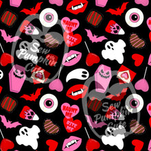 Load image into Gallery viewer, A Valloween-themed pattern of ghosts, bats, vampire lips, lollipops, eyeballs, chocolates, skelly Cupid corn, coffins, haunt me and bite me hearts, in a pink, white, and red color scheme on a black background.
