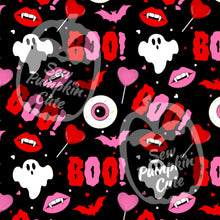 Load image into Gallery viewer, A Valloween-themed pattern of ghosts, bats, vampire lips, lollipops, eyeballs, and the word “BOO!” In a pink, red, and white color scheme on a black background.
