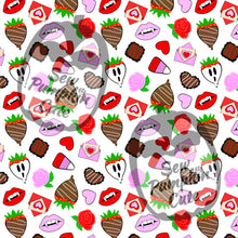Load image into Gallery viewer, A Valloween-themed pattern of strawberry dipped ghosts, chocolate dipped strawberries, hearts, cupid corns, love letters, chocolates, roses, and vampire lips in a pink and red color scheme on a white background.
