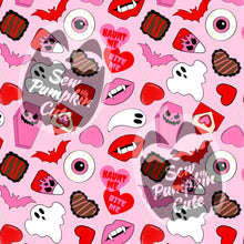 Load image into Gallery viewer, A Valloween-themed pattern of ghosts, bats, vampire lips, lollipops, eyeballs, chocolates, skelly Cupid corn, coffins, haunt me and bite me hearts, in a pink, white, and red color scheme on a pink background.
