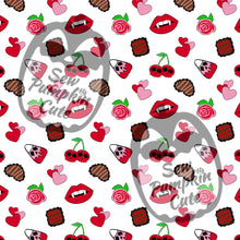 Load image into Gallery viewer, A Valloween-themed pattern of skull cherries, hearts, skelly cupid corns, chocolates, roses, and vampire lips in a pink and red color scheme on a white background
